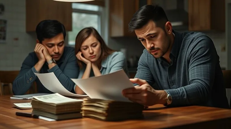 photorealistic, professional photography, 8K, cinematic lighting, sharp focus, depth of field, shot on a high-end DSLR. A family (parents and a young adult student) sitting at a kitchen table, heads in hands, looking at a letter, expressions of deep worry and stress. The lighting is somber, highlighting their faces, with a shallow depth of field. A stack of bills is visible in the foreground.