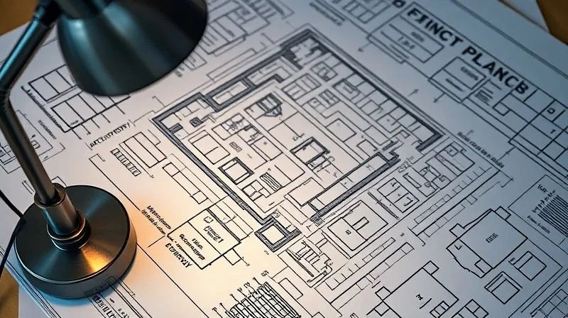 A photorealistic image of a detailed, hand-drawn blueprint for a complex building, with sections specifically labeled 'Healthcare Plan' and 'FIRE Strategy'. The blueprint is illuminated by a desk lamp, suggesting focused work and meticulous design. 8K, cinematic lighting, sharp focus, depth of field, shot on a high-end DSLR.