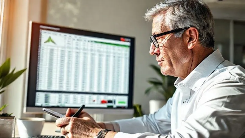 A photorealistic image of a diligent professional in their late 40s, wearing glasses, intensely focused on a complex digital spreadsheet displayed on a large monitor in a modern, sunlit home office. Financial charts and numbers are visible on the screen. The professional is making notes in a physical ledger, with a calculator and a cup of coffee nearby. Cinematic lighting, sharp focus on the professional's face and hands, depth of field blurring the background, 8K hyper-detailed.
