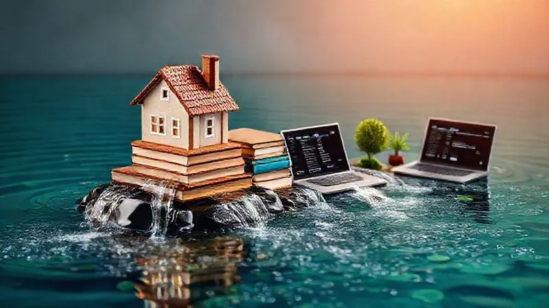 A photorealistic, professional photography, 8K image depicting a vibrant, diverse collection of small, interconnected financial streams flowing into a larger, calm pool. One stream might be represented by a small, elegant house (rental income), another by a stack of books (royalties), a third by a laptop with code (digital products), and a fourth by a small, well-tended garden (part-time work). Cinematic lighting, sharp focus on the converging streams, depth of field blurring a serene, financially secure background. The overall feeling is one of abundance and strategic diversification.