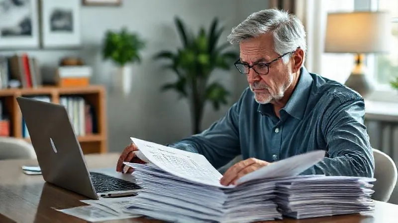 A photorealistic, professional photography, 8K image of a concerned but determined professional in their early 50s, sitting at a desk and meticulously reviewing a pile of complex healthcare documents and insurance policies. A laptop displays a government health insurance marketplace website. Cinematic lighting, sharp focus on the documents and the professional's focused expression, depth of field blurring a background of a home study. The scene conveys the challenge and necessity of detailed healthcare planning.