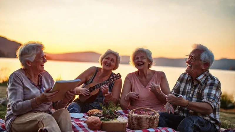 A photorealistic, professional photography, 8K image of a diverse group of four early retirees (50s-early 60s) laughing and enjoying a picnic by a serene lake at sunset. One person is sketching in a notebook, another is playing a ukulele, a third is reading, and the fourth is simply enjoying the view with a contented smile. Cinematic lighting, sharp focus on the group's joyful faces, depth of field blurring the tranquil lake and distant mountains. The scene evokes peace, purpose, and strong social connection in early retirement.