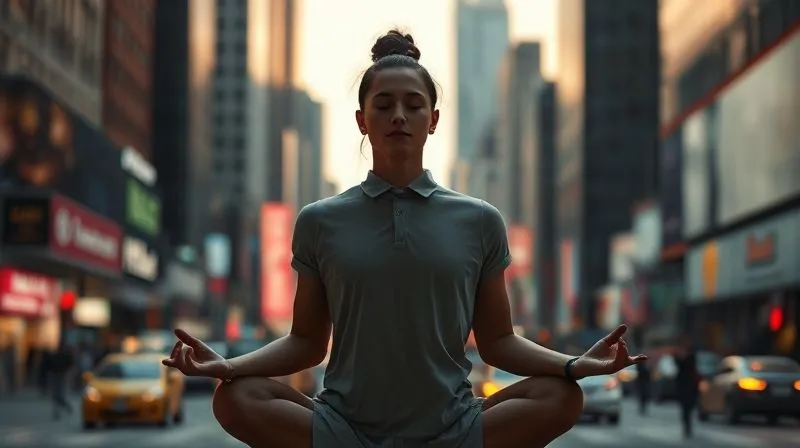A photorealistic image of a person meditating calmly amidst a bustling city backdrop, symbolizing finding inner peace and focus despite external pressures. Cinematic lighting, sharp focus on the person, depth of field blurring the city, 8K hyper-detailed, shot on a high-end DSLR.