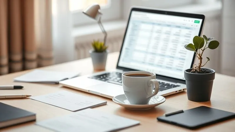 A photorealistic image of a well-organized desk with a laptop displaying a financial spreadsheet, a cup of coffee, and a small potted plant, symbolizing productive work in a calm environment. Soft, natural lighting, sharp focus on the desk items, depth of field blurring the background, 8K hyper-detailed, shot on a high-end DSLR.