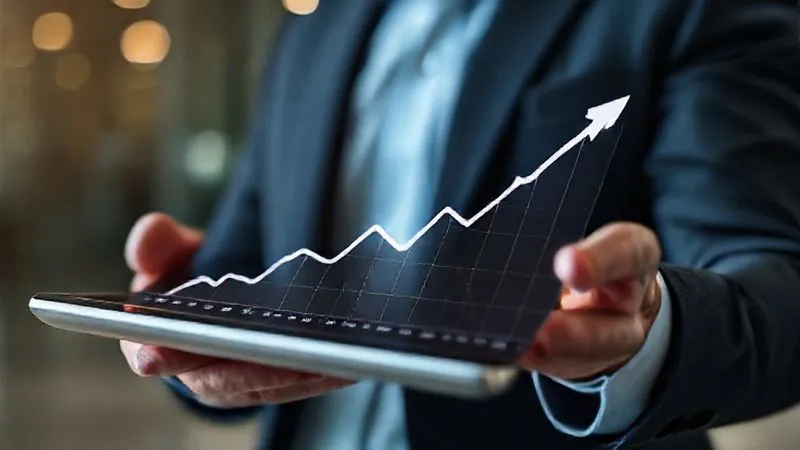 Photorealistic, professional photography, 8K, cinematic lighting, sharp focus, depth of field, shot on a high-end DSLR. A dynamic, upward-trending line graph with a clear point where a downward cost adjustment is made, leading to increased profitability. The graph is displayed on a modern tablet held by a focused business professional, symbolizing continuous monitoring and agile decision-making.
