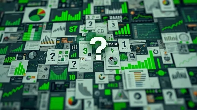 A photorealistic image depicting a chaotic array of overlapping charts, graphs, and data points, some in vibrant green, others in muted greys and browns, creating a sense of confusion and information overload. A single, clear question mark hovers above the jumble. Cinematic lighting, sharp focus on the central confusion, depth of field blurring the background. 8K hyper-detailed, professional photography, shot on a high-end DSLR.