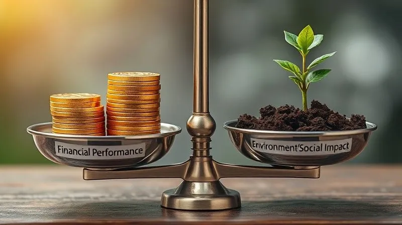 A photorealistic image of two distinct scales. One scale holds a stack of gold coins and financial graphs, labeled 'Financial Performance'. The other scale holds a lush green seedling growing out of rich soil, surrounded by clean water and a small, vibrant ecosystem, labeled 'Environmental/Social Impact'. The two scales are balanced, but distinctly separate, emphasizing the need to measure both. Cinematic lighting, sharp focus on both scales, depth of field blurring the background. 8K hyper-detailed, professional photography, shot on a high-end DSLR.