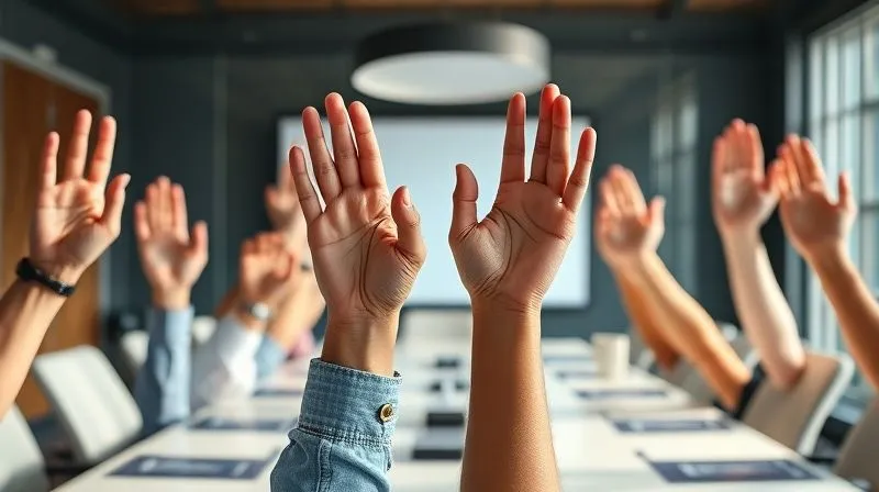 A photorealistic image of a diverse group of hands, representing different ages and backgrounds, all raised in a dynamic, questioning gesture within a professional, sunlit conference room. The focus is on the hands, suggesting active participation and engagement. Cinematic lighting, sharp focus on the hands, depth of field blurring the background of a modern meeting table. 8K hyper-detailed, professional photography, shot on a high-end DSLR.
