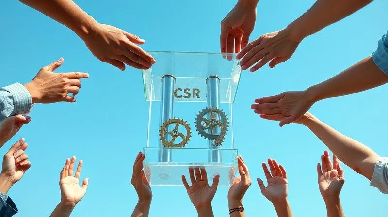 A photorealistic image of a diverse group of hands, symbolizing different stakeholders, collaboratively building a sturdy, transparent glass structure with visible gears and interconnected parts, representing genuine CSR pillars. The structure stands firm against a backdrop of a clear, blue sky. Cinematic lighting, sharp focus on the hands and structure, depth of field blurring the background, 8K hyper-detailed, professional photography, shot on a high-end DSLR.