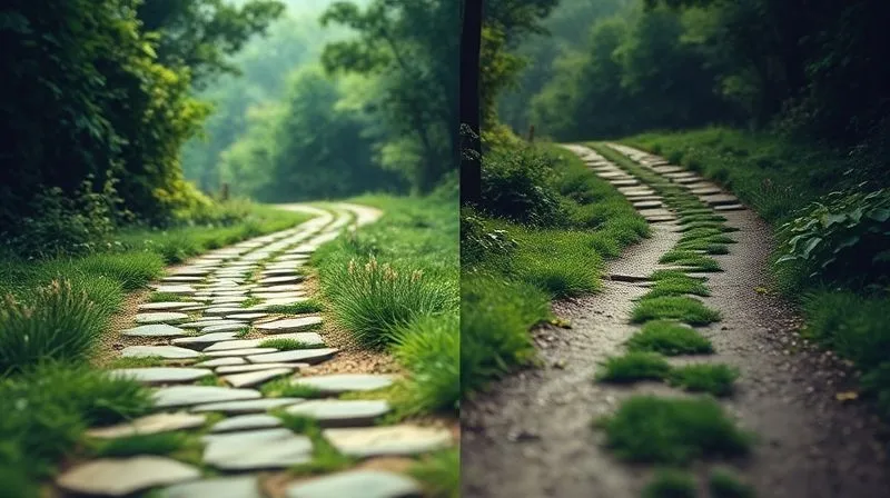 A photorealistic image showing two distinct pathways diverging. One path is clearly marked with specific, measurable milestones and a visible finish line, representing genuine, SMART goals. The other path is overgrown, winding, and obscured by a green fog, representing vague, greenwashed commitments. Cinematic lighting, sharp focus on the clear path, depth of field blurring the background, 8K hyper-detailed, professional photography, shot on a high-end DSLR.