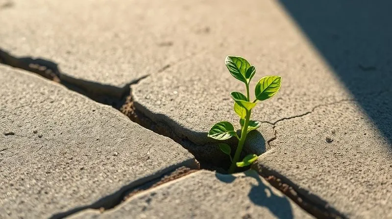 A photorealistic image of a single, vibrant green sapling growing defiantly through a crack in a concrete sidewalk, illuminated by a beam of sunlight. The concrete around it is crumbling slightly, symbolizing the breaking of old, unsustainable practices. Cinematic lighting, sharp focus on the sapling, depth of field blurring the background, 8K hyper-detailed, professional photography, shot on a high-end DSLR.