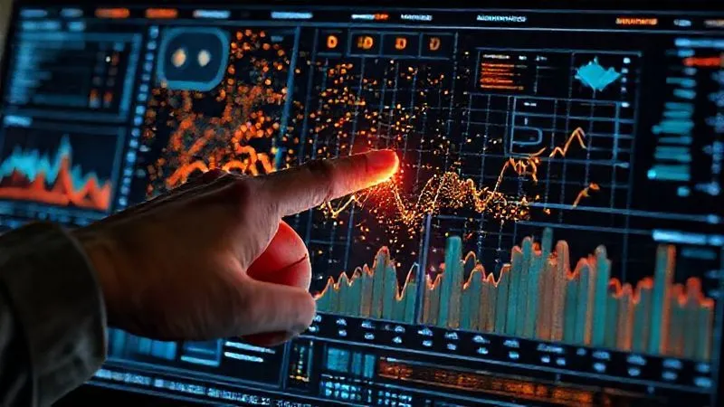 A photorealistic image of complex ESG data points displayed on a holographic screen, with a human hand pointing to an anomaly, surrounded by charts and graphs. Professional photography, 8K, cinematic lighting, sharp focus on the data, depth of field, shot on a high-end DSLR, conveying deep analytical scrutiny.