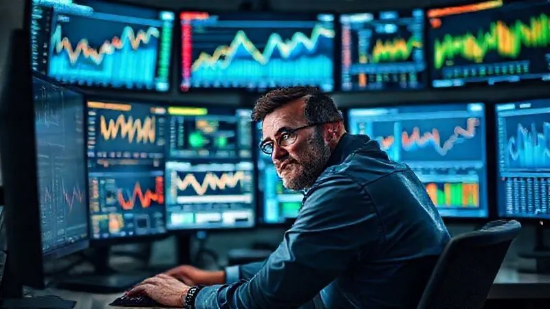 A photorealistic image of a professional at a desk, surrounded by multiple monitors displaying various financial data, ESG reports, and analytical charts. A focused expression, cinematic lighting, sharp focus on the person and screens, depth of field, shot on a high-end DSLR, conveying diligent research and informed decision-making.
