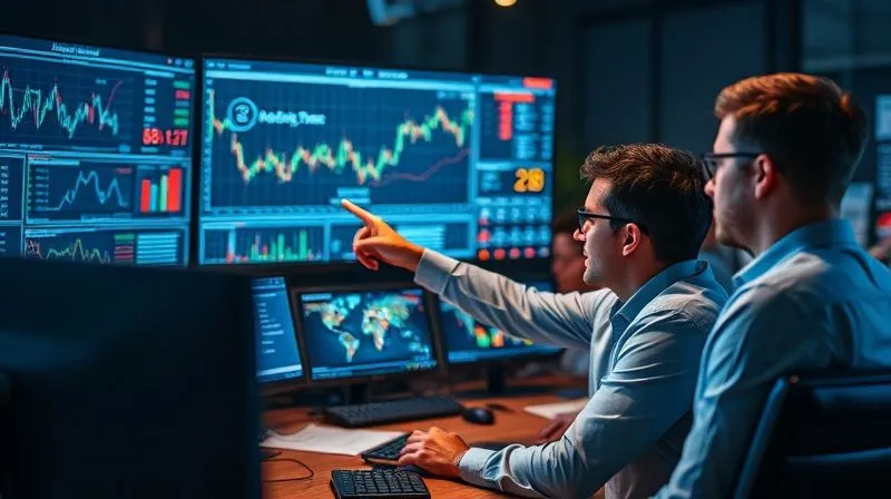 photorealistic, professional photography, 8K, cinematic lighting, sharp focus, depth of field, shot on a high-end DSLR, a diverse team of financial analysts collaborating around multiple monitors displaying complex data visualizations and network graphs, one person pointing at a screen with a focused expression, conveying teamwork and human expertise in a modern control room setting.