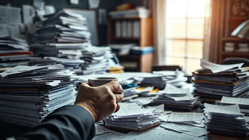 photorealistic, professional photography, 8K, cinematic lighting, sharp focus, depth of field, shot on a high-end DSLR, a chaotic desk cluttered with stacks of crumpled receipts, overflowing folders, and a stressed business professional's hand reaching for a coffee cup, conveying the overwhelming nature of manual expense tracking.