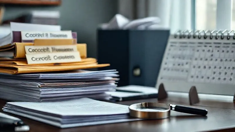 A photorealistic, professional photography, 8K, cinematic lighting, sharp focus, depth of field, shot on a high-end DSLR, of a well-organized desk with folders labeled 'Credit Dispute', 'Evidence', and 'Correspondence', alongside a stack of neatly arranged documents, a magnifying glass, and a calendar with dates circled, conveying meticulous organization and determination.