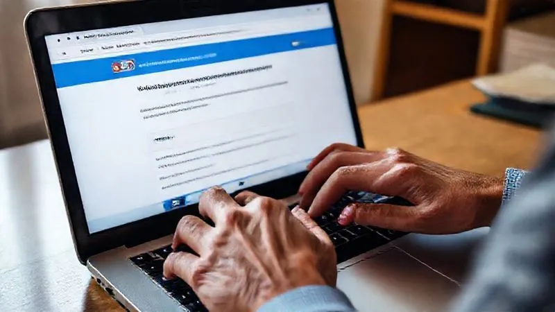 A photorealistic, professional photography, 8K, cinematic lighting, sharp focus, depth of field, shot on a high-end DSLR, of a person's hands typing on a laptop keyboard, with a partially visible screen displaying the Consumer Financial Protection Bureau (CFPB) website and a complaint form, conveying focused action and seeking official recourse.