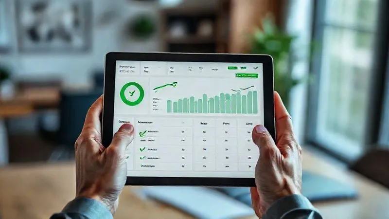 A photorealistic, professional photography, 8K, cinematic lighting, sharp focus, depth of field, shot on a high-end DSLR, of a person's hands holding a tablet displaying a clean, easy-to-read credit monitoring dashboard with green checkmarks, against a blurred background of a modern home office, conveying financial empowerment and proactive management.