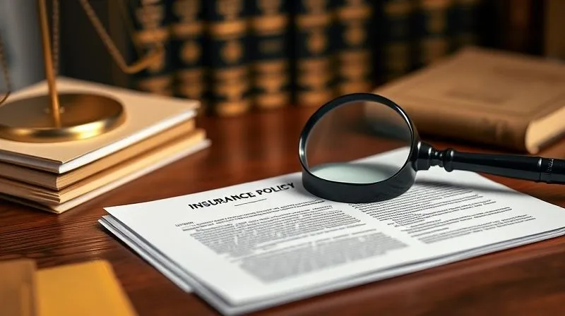A photorealistic, professional image of a stack of legal documents and an open insurance policy booklet on a polished wooden desk, with a magnifying glass resting on a key clause. Cinematic lighting highlights the text, sharp focus on the documents, depth of field blurring a background of legal books. 8K hyper-detailed, shot on a high-end DSLR.