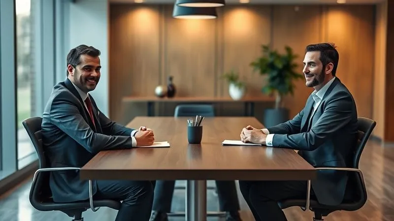 A photorealistic image of two professional individuals, one representing the policyholder and one the insurer, seated at a modern conference table with a neutral mediator in the center. The setting is a professional office, with soft, balanced cinematic lighting, sharp focus on the faces and interaction, depth of field blurring the background. 8K hyper-detailed, professional photography, shot on a high-end DSLR.
