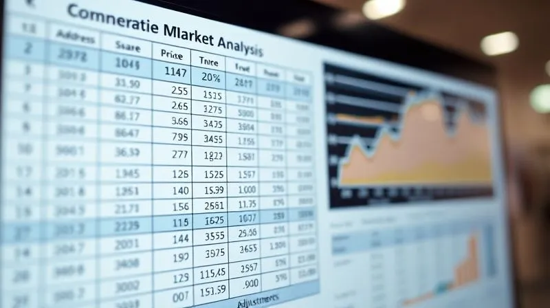 A photorealistic, professional photography shot of a spreadsheet or a digital dashboard displaying comparative market analysis data for commercial properties, showing columns for property address, sale price, square footage, sale date, and adjustments. A graph illustrating property values trends is visible in the background. 8K, cinematic lighting, sharp focus on the data, depth of field, shot on a high-end DSLR.