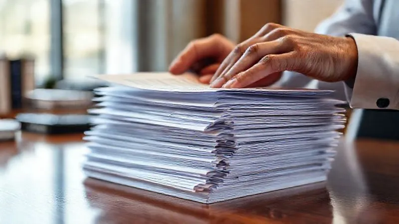 A photorealistic image of a person's hands carefully organizing a stack of official documents, including letters with return receipts, bank statements, and court papers, on a polished wooden desk. The background is a blurred, modern office environment. Cinematic lighting, sharp focus on the documents, depth of field. Shot on a high-end DSLR, 8K hyper-detailed, conveying meticulous organization and legal preparation.