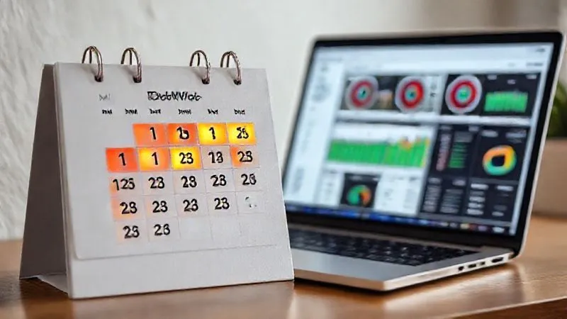 A photorealistic image of a calendar with highlighted dates for "Credit Report Check," alongside a laptop displaying credit monitoring dashboards. The scene is clean, organized, and professionally lit, conveying a sense of proactive financial management. Shot on a high-end DSLR, 8K hyper-detailed, sharp focus on the calendar and laptop screen, depth of field blurring the background.
