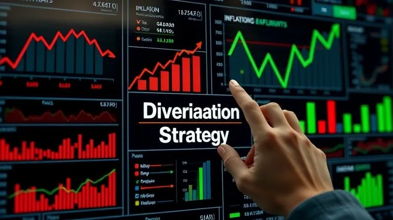 A photorealistic image of a complex financial dashboard displaying a mix of red downward arrows for inflation and slow growth, juxtaposed with green upward arrows for specific diversified assets, all under soft, analytical cinematic lighting, 8K, professional photography, sharp focus on the data. A hand points to a 'Diversification Strategy' section.