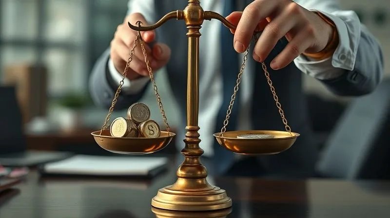 A photorealistic, professional photography, 8K, cinematic lighting, sharp focus, depth of field. A skilled investor's hands meticulously adjusting weights on a vintage brass balance scale, symbolizing portfolio rebalancing. In one pan are abstract representations of 'inflated' assets, in the other 'stagnant' assets, with the investor carefully adding or removing small, precise weights to achieve equilibrium. The background is a blurred financial office setting.