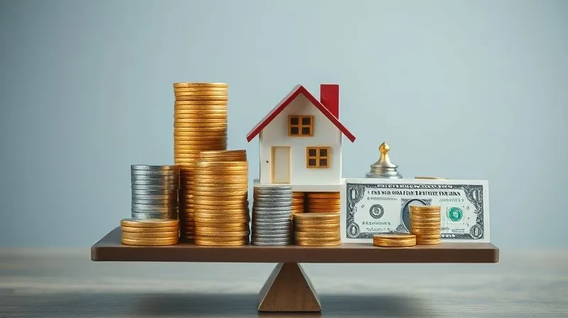 A photorealistic image of a diverse and balanced investment portfolio symbolized by a variety of miniature financial assets like stacks of gold coins, a small house model, diverse miniature stock charts, and a bond certificate, all perfectly balanced on a scale, cinematic lighting, sharp focus, depth of field, 8K hyper-detailed.