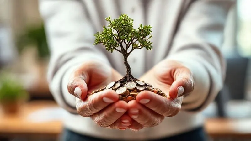 A photorealistic image of a person's hands delicately holding a small, stylized tree with roots extending into a handful of coins, symbolizing growth, giving, and financial planning. The background is a soft-focus, warm-toned office environment. Cinematic lighting, sharp focus on the hands and tree, depth of field blurring the background. 8K hyper-detailed, shot on a high-end DSLR, professional photography.