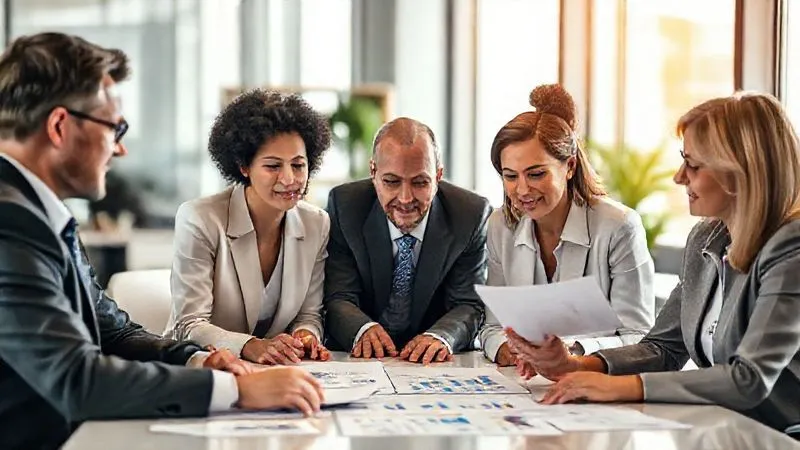 A photorealistic image of a diverse group of professionals (two men, two women) in business attire, one of whom is a financial advisor, engaged in a collaborative discussion around a large table, reviewing charts and documents. The atmosphere is serious yet hopeful. Cinematic lighting, sharp focus on the group, depth of field blurring the background office. 8K hyper-detailed, shot on a high-end DSLR, professional photography.