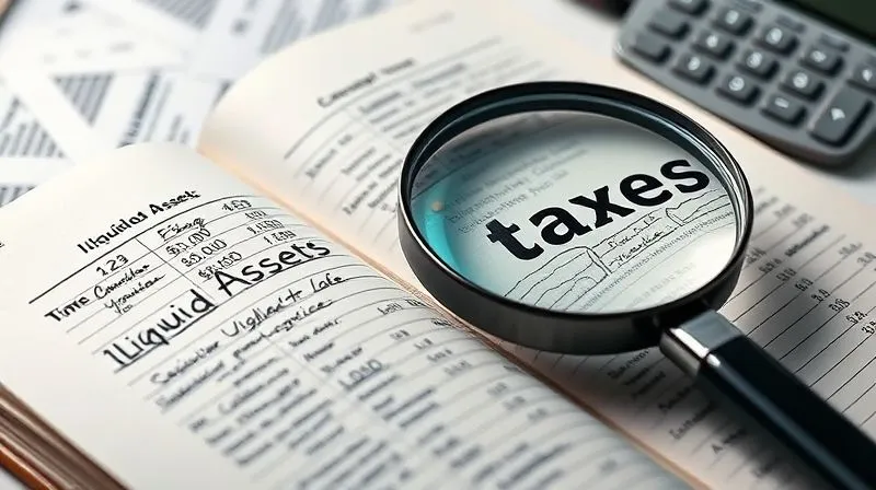 A photorealistic close-up of a complex ledger book open to a page detailing 'Illiquid Assets', with intricate handwritten entries and a magnifying glass highlighting the word 'Taxes', cinematic lighting, sharp focus on the ledger, depth of field blurring a calculator in the background, 8K hyper-detailed, professional photography, shot on a high-end DSLR.