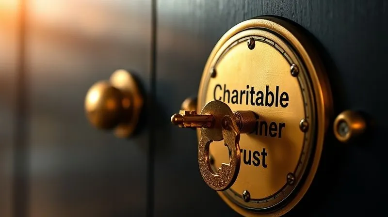 A photorealistic conceptual image of a golden key turning in a lock labeled 'Charitable Remainder Trust', opening a door to a vibrant, diversified investment portfolio, with a subtle glow of philanthropy in the background, cinematic lighting, sharp focus on the key and lock, depth of field blurring the background, 8K hyper-detailed, professional photography, shot on a high-end DSLR.