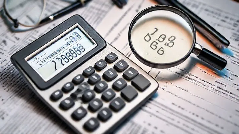 A photorealistic image of a calculator displaying complex financial figures, surrounded by legal documents and tax forms, with a magnifying glass highlighting key numbers. Professional photography, 8K, cinematic lighting, sharp focus, depth of field, shot on a high-end DSLR.