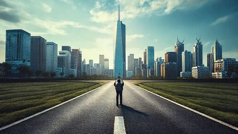 A photorealistic image of a person standing at a crossroads, one path leading to a single towering corporate building, the other to a diverse landscape of different financial symbols and buildings, representing choice and diversification. Professional photography, 8K, cinematic lighting, sharp focus, depth of field, shot on a high-end DSLR.