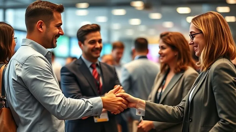 A photorealistic image of diverse professionals engaging in active networking at a vibrant, modern conference, hands shaking, exchanging business cards, with a blurred background suggesting a bustling environment. Cinematic lighting, sharp focus on the interaction, 8K hyper-detailed.