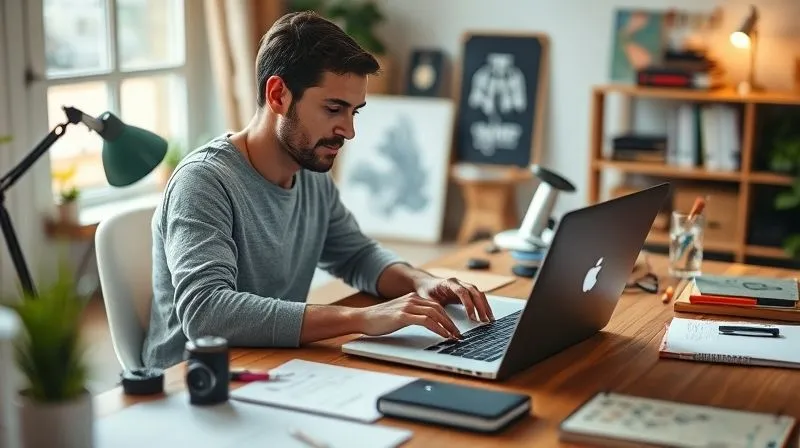 A photorealistic image of a person at a home office desk, diligently working on a laptop, surrounded by creative tools like a sketchpad, camera, or crafting materials, implying a successful side hustle. The scene is well-lit with natural light, sharp focus on the person and their work, depth of field blurring the background, 8K hyper-detailed.