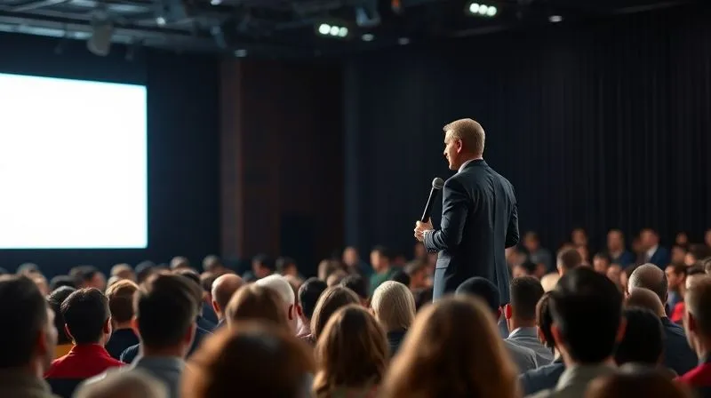 A photorealistic image of a confident, professional individual delivering a compelling presentation on a stage, with a spotlight on them and a diverse audience engaged in the foreground. Cinematic lighting, sharp focus on the speaker, depth of field blurring the audience and background, 8K hyper-detailed.