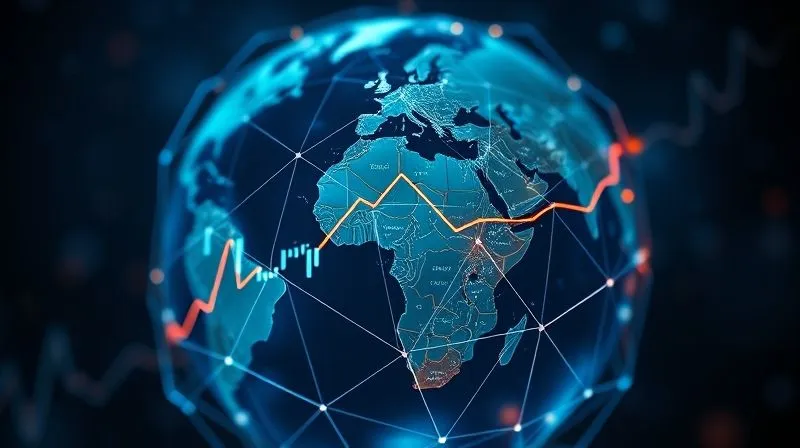 photorealistic, professional photography, 8K, cinematic lighting, sharp focus, depth of field, shot on a high-end DSLR, a stylized globe with interconnected lines representing global trade and financial flows, subtly integrated with dynamic upward-trending financial charts, conveying global economic resilience and interconnectedness.