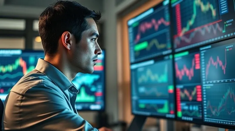 photorealistic, professional photography, 8K, cinematic lighting, sharp focus, depth of field, shot on a high-end DSLR, a financial advisor looking intently at multiple high-resolution screens displaying complex market data, charts, and news feeds, with a focused expression, conveying active management and real-time decision-making in a sophisticated office setting.