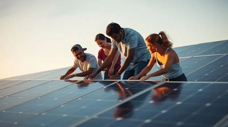 Photorealistic image of a diverse group of people working together on a solar panel installation, symbolizing social responsibility and sustainable development, cinematic lighting, depth of field, 8K.