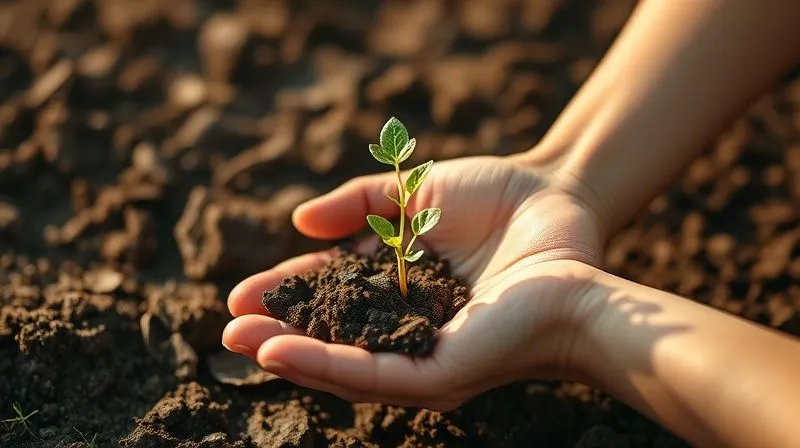 Photorealistic image of a hand holding a small seedling growing in rich soil, symbolizing the growth and impact of sustainable investing, warm lighting, shallow depth of field, 8K.