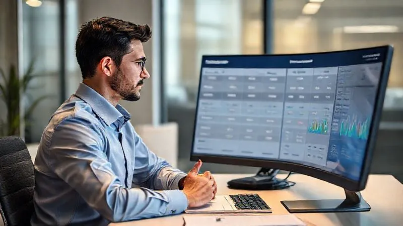 Photorealistic, professional photography, 8K, cinematic lighting, sharp focus, depth of field, shot on a high-end DSLR. A professional-looking employee sitting at a desk, reviewing a digital dashboard displaying clear, comparative healthcare cost information for different procedures and providers, with a look of thoughtful consideration and empowerment, representing informed healthcare consumerism.