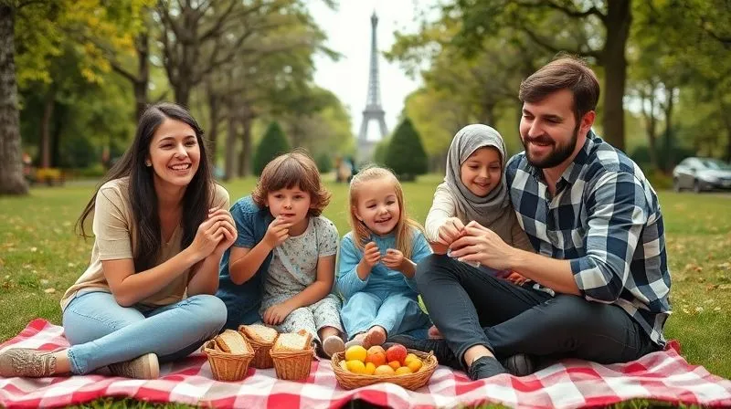 photorealistic, professional photography, 8K, cinematic lighting, sharp focus, depth of field, shot on a high-end DSLR. A cheerful family sitting on a checkered picnic blanket in a vibrant European park, enjoying homemade sandwiches and fruit, with a famous landmark subtly visible in the background, conveying happy, affordable moments.