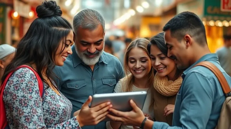 photorealistic, professional photography, 8K, cinematic lighting, sharp focus, depth of field, shot on a high-end DSLR. A diverse family gathered around a tablet, looking at a simple, clear budget tracking app interface, with a background of a bustling but not overcrowded market, conveying smart financial management while traveling.