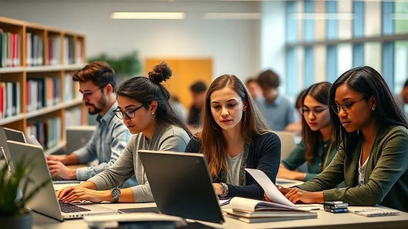 A photorealistic image of a diverse group of students working in various on-campus settings (library, lab, administrative office) under soft, warm lighting. Each student is engaged in their task, looking professional and focused. 8K hyper-detailed, cinematic lighting, sharp focus, depth of field, professional photography, shot on a high-end DSLR.