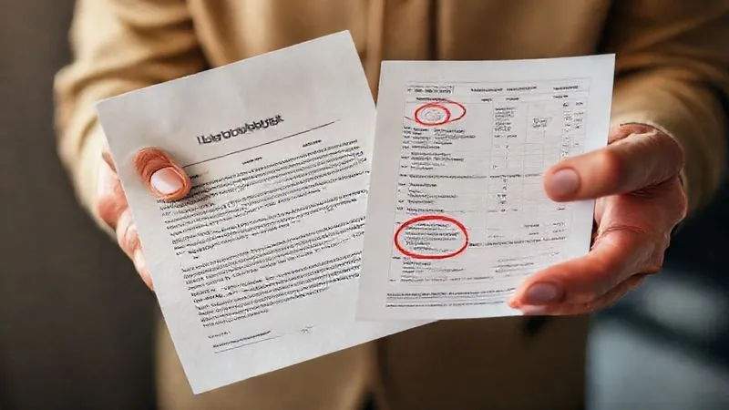 A photorealistic close-up of a person's hands holding a loan denial letter in one hand and a detailed credit report in the other, with a red pen circling discrepancies. Cinematic lighting, sharp focus on the documents, depth of field. 8K, professional photography, shot on a high-end DSLR.