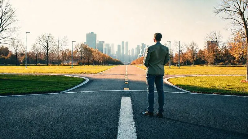 A photorealistic image of a person standing at a crossroads, looking confidently down a clear, sunlit path towards a distant, modern cityscape. The path is well-maintained, symbolizing financial clarity and progress. Cinematic lighting, 8K, sharp focus on the person and path, depth of field, professional photography, shot on a high-end DSLR.