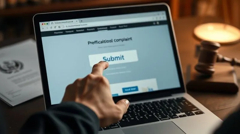 photorealistic, professional photography, 8K, cinematic lighting, sharp focus, depth of field, shot on a high-end DSLR, a person's hand pressing a 'submit' button on a government-style website on a laptop, with blurred legal documents and official seals in the background, conveying the act of escalating a formal complaint.